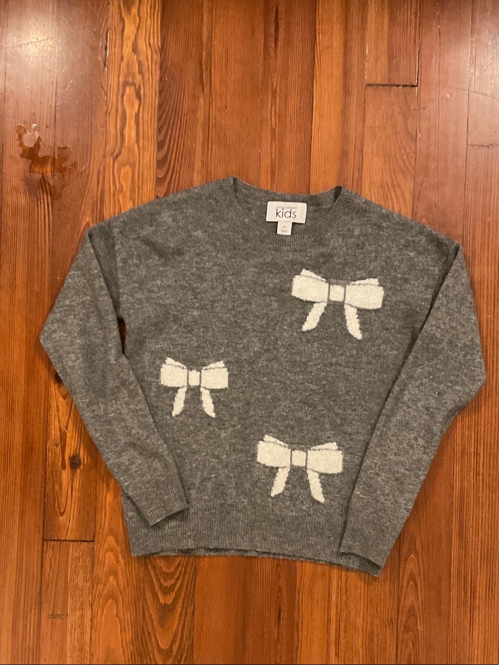 Autumn Cashmere Kids Gray Sweater with Cream Bow Appliqués